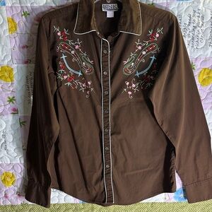 Pink Cadillac Brown western Embroidered pearl snap cotton Shirt sz L
